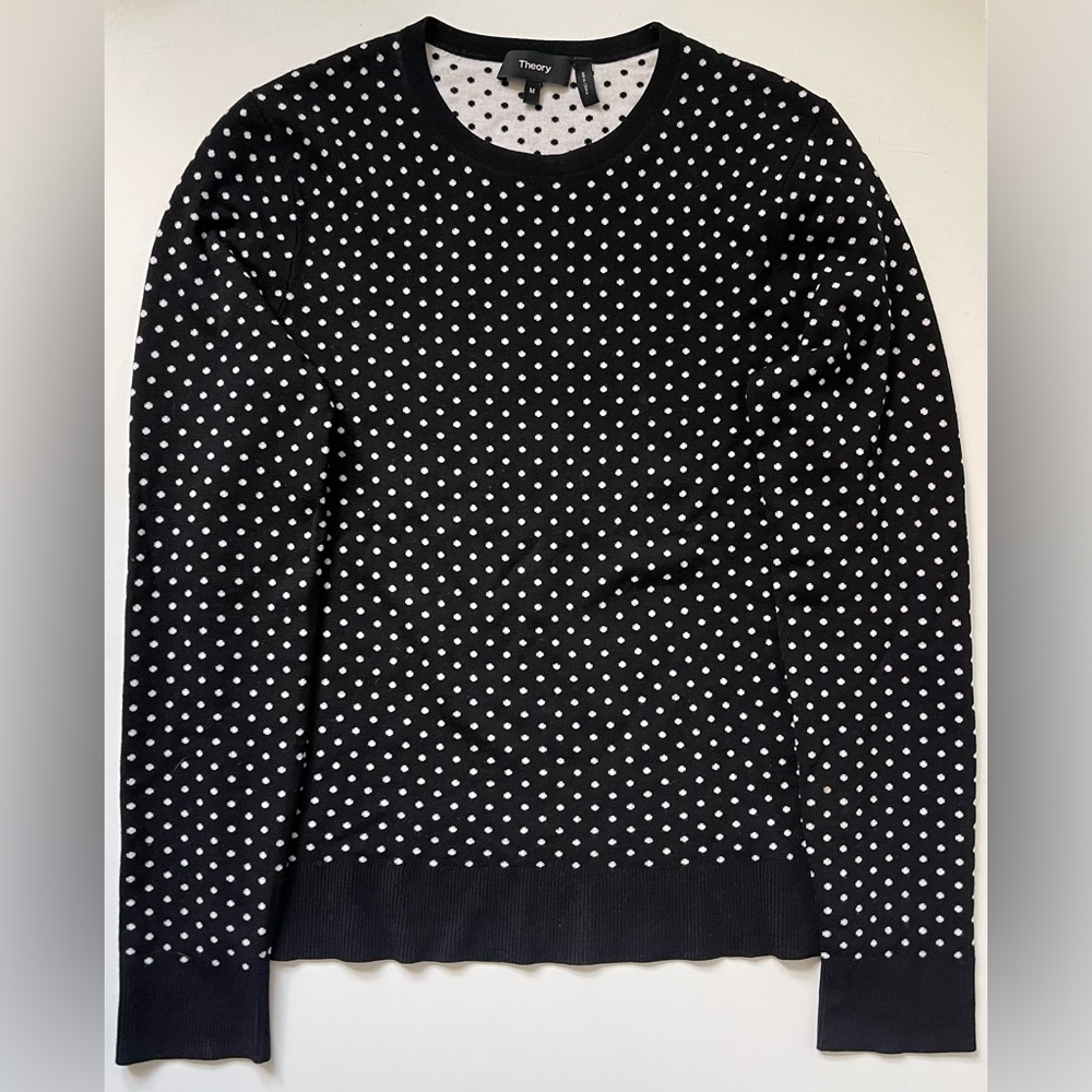 Theory Women’s Mini Polka Dot Black & White Crewneck Regal Wool Sweater